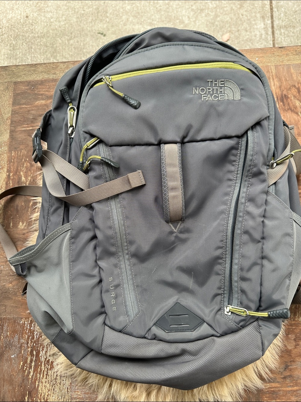 The North Face Gray Surge Backpack with Lime Accent